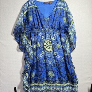 Speed Control New York Women M Blue Paisley V Neck Kimono Tunic Top Boho Coverup